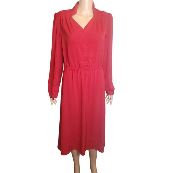 Vintage 80s Size M Secretary Midi Dress Red Semi Sheer Puff Sleeve Diana FLAW - Picture 1 of 15
